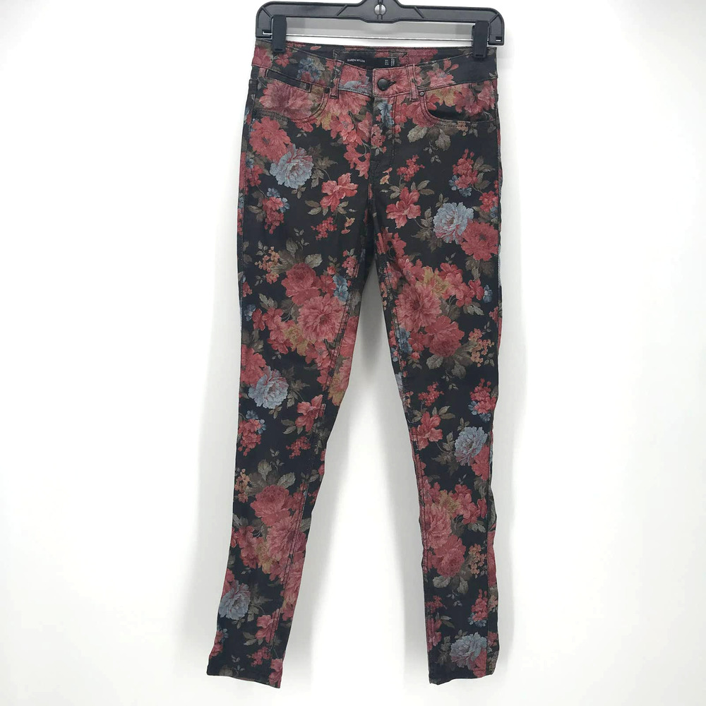 Karen Millen Floral Skinny Jean Sz 4 Stretch Red